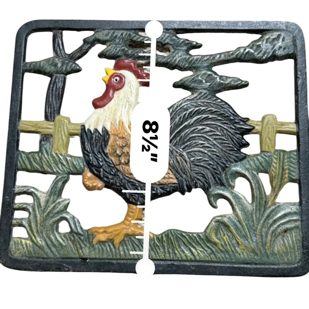 Vintage Cast Iron Rooster Trivet Hand Painted Farmhouse Country Kitchen Decor
